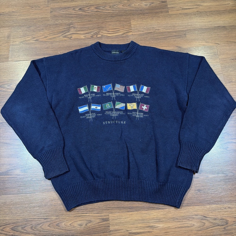 Vtg 90s Structure Knit Sweater Embroidered Mountain Peak Flags Navy Crewneck XL